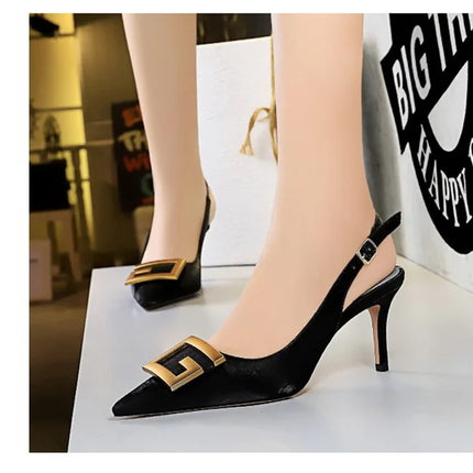 2024 Autumn Women Soft Leather Slingback Shoes Thin High Heels Office Dress Fashion Hollow Pointy Toe Gentle Sandals 8999-5