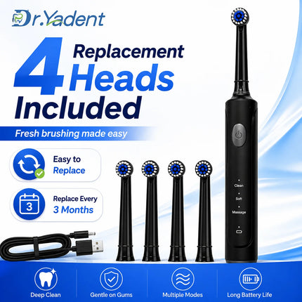 DrYadent Rotating Toothbrush YD2233 2mins Smart Timer with 3 Intelligence Modes Long-Lasting Usage with 4 Brush Heads Gum Cares