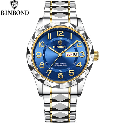 BINBOND Top Brand Luxury Men's Wristwatch Waterproof Luminous Date Week Men's Watches Stainless Steel Quartz Men's Watch Male reloj