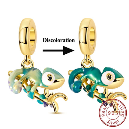 New Original 925 Sterling Silver Charms Bead Gold Chameleon Turtle Cat Charm Fit Bracelet Dangle Pendants DIY Women Jewelry Gift
