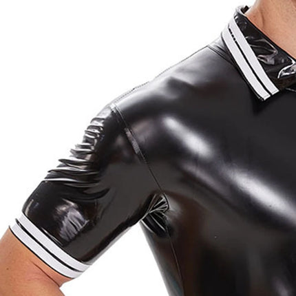 Plus Size Men's Sexy Open Crotch PU Leather Catsuit for Sex, Erotic Shaping Sheath Bodycon Crotchless Glossy Leather Shirt Sexi