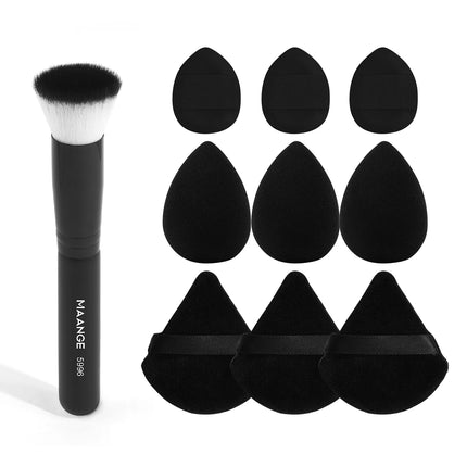 MAANGE 1PCS Foundation Makeup Brush with 9PCS Makeup Puff Contour Blush Makeup Brush Triangle Powder Puff Soft Finger Sponge