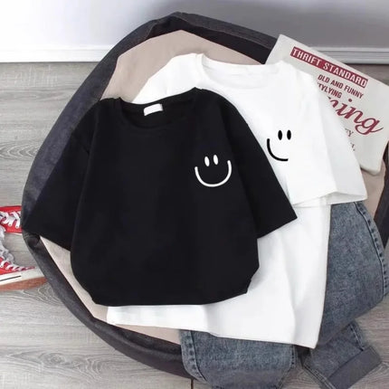 Summer Smiling Face Print Children's T-shirt Short-sleeved Pure Cotton Loose Basic Versatile Base Cool Simple Kid Girl Tees Tops