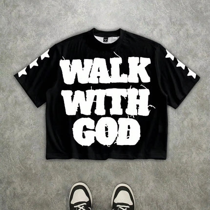 Walk with God Faith Quote Oversized T Shirt Men Women Christian Religious Graphic Short Sleeve Crew Neck Streetwear Tops 2026