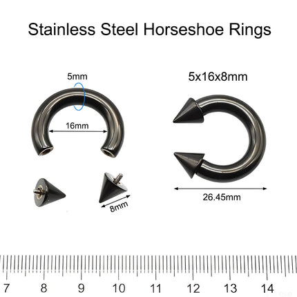 1Pc Large Gauge Black Stainelss Steel Horseshoe Ring with Spike Circular Barbell Piercing Nose Rings Cone Piercing Septum Rings