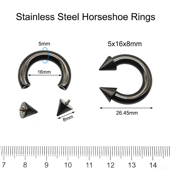 1Pc Large Gauge Black Stainelss Steel Horseshoe Ring with Spike Circular Barbell Piercing Nose Rings Cone Piercing Septum Rings
