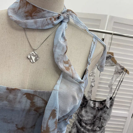 Women's Vintage Tie-dye Printed Mesh Spaghetti Strap Camisole Hot Girl Irregular Ruffled Ribbon Sleeveless Top Partyclub 1185