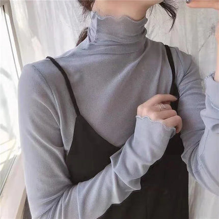 Sexy Women T Shirt See Through Transparent Mesh Tops Long Sleeve Sheer Slim Ladies Solid Turtleneck Silk T-Shirt Lace Crop Top