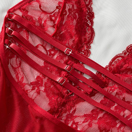Women's Red Lace Mesh Dress Soft Breathable Sleepwear