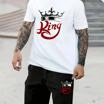 New Men's Short Sleeve Shorts Set Fashion King Printed T-Shirt Shorts 2 Sets of Casual Round Neck Jumper Breathable Sportswear
