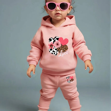 Baby Girl Love Love Flower Pattern Hoodie+Casual Pants Two Piece Set Spring and Autumn Sportswear
