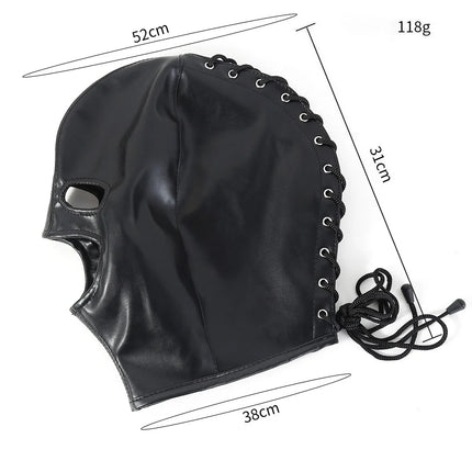 PU Leather Bondage Mask Full Head Hood Blindfold BDSM Fetish Roleplay Slave Harness Sexy Adult Sex Toys for Women Men Couples