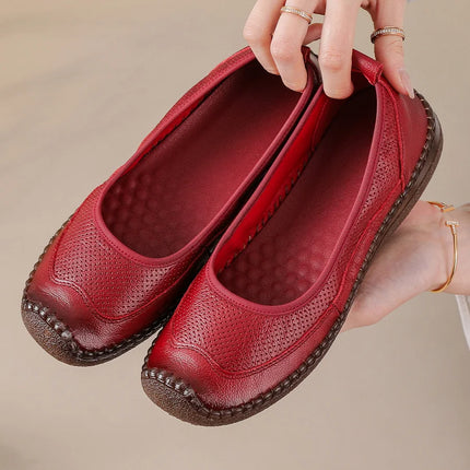 New Real Leather Perforated Ballet Flats Women's Massage Insole Slip On Moccasins Woman Hollow Loafer Casual Daily Shopping Shoe