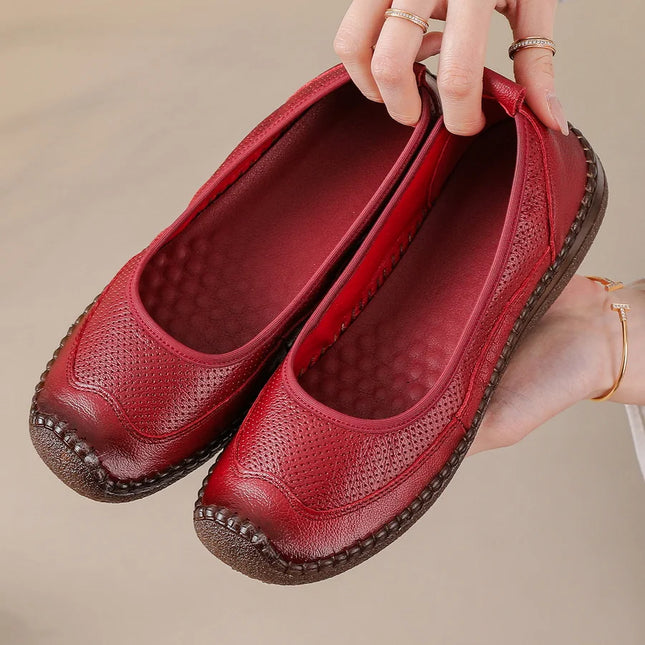 New Real Leather Perforated Ballet Flats Women's Massage Insole Slip On Moccasins Woman Hollow Loafer Casual Daily Shopping Shoe
