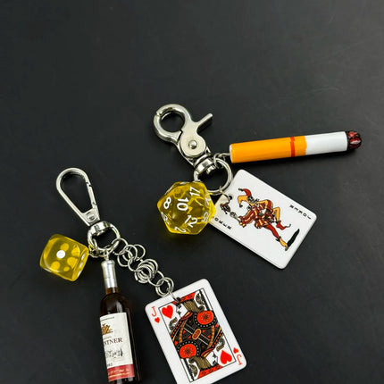 Handmade Style Casino Keychain with Dice Poker Chip Cigarette Charm Keyring for Men Streetwear Gift