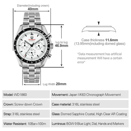 Watchdives WD1860 Sports Chronograph Watches VK63 Quartz Wristwatch Ar Sapphire Bgw9 Stainless Steel 200M Waterproof 40Mm Watch