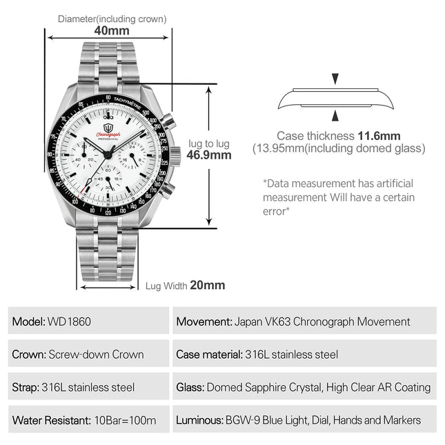 Watchdives WD1860 Sports Chronograph Watches VK63 Quartz Wristwatch Ar Sapphire Bgw9 Stainless Steel 200M Waterproof 40Mm Watch