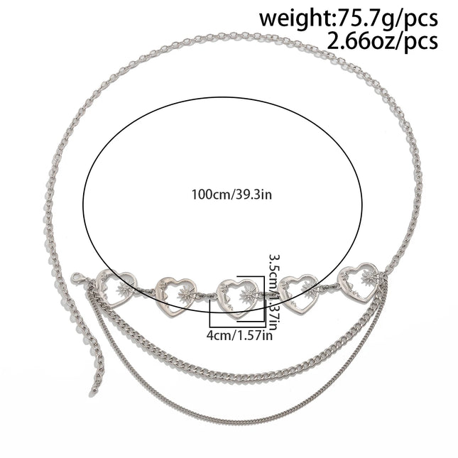KunJoe Fashion Love Heart Adjustable Belt Multilayer Metal Chain Belly Waist Chain Women Hip Hop Skirt Waistband Y2K Accessories