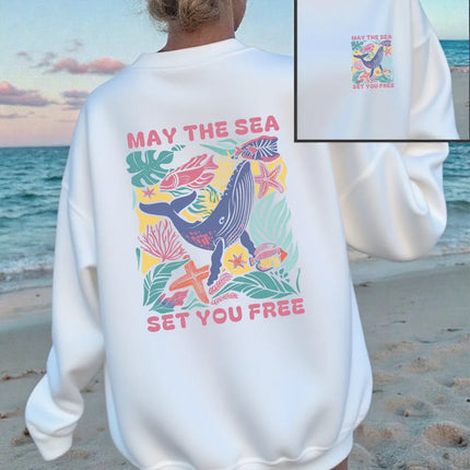 May The Sea Set You Free Printing Sweatshirts Womens Crewneck All-Match Hoodie Loose Fleece Warm Tops Autumn Comfortable Clothes