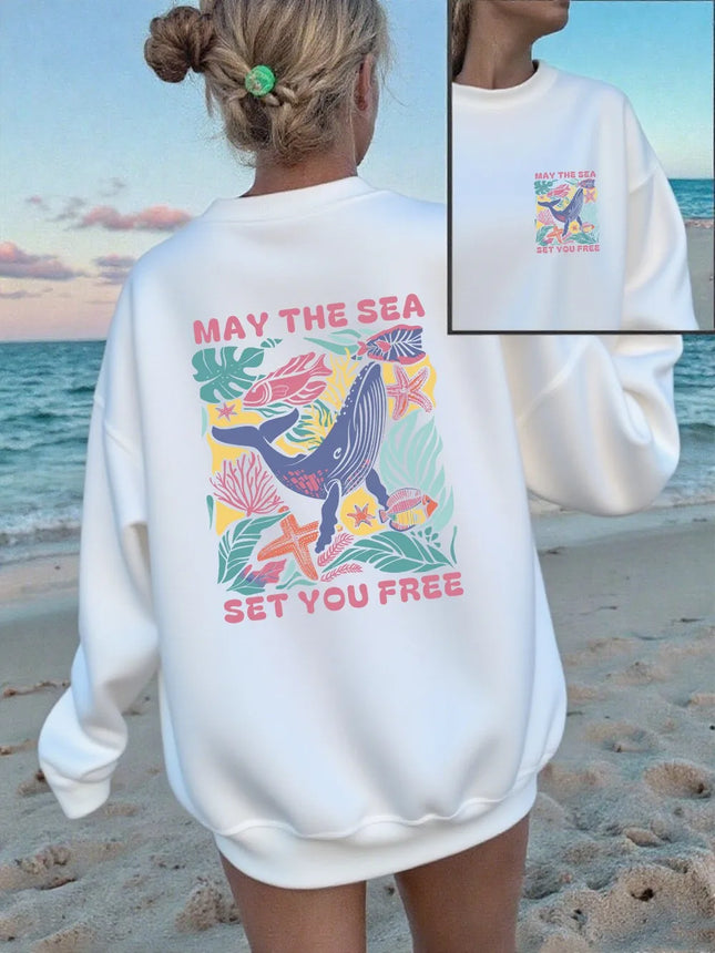 May The Sea Set You Free Printing Sweatshirts Womens Crewneck All-Match Hoodie Loose Fleece Warm Tops Autumn Comfortable Clothes