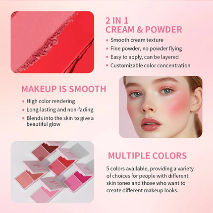 Creme & Powder Blush Duo Long Wearing Matte & Dewy Finish High Pigment Pink Candy Peach Blush Palette Vibrant Orange Red Blush