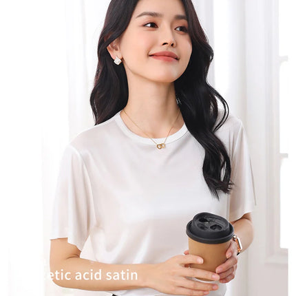 Summer Women's Short Sleeve O-Neck T-Shirt Knitted Acetate Fabric High-End Thin Pullover Top for Ladies