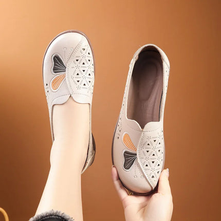 New Real Leather Perforated Ballet Flats Women's Massage Insole Slip On Moccasins Woman Hollow Loafer Casual Daily Shopping Shoe