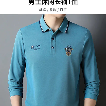 New Men's Long-sleeved Cotton Polo Shirt Fashion Embroidery Casual Bottom Pullover Shirts Tops Men's Clothing