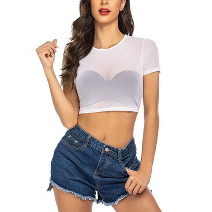Black White Sexy Mesh Top T-Shirts Women's Sexy Transparent S-2XL Size Bottoming Blouses Ladies Tops Gauze Aesthetic Clothes