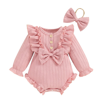 Pudcoco Infant Newborn Baby Girls Autumn Ruffle Romper Long Sleeve Crew Neck Button Up Romper with Headband 0-12M