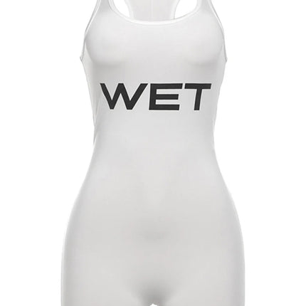 Summer 2025 Women's Sexy Sport Romper White Sleeveless Playsuits Letter Print Subtranslucent Slim Fit Raceback Design