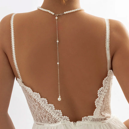 PuRui Korean Romance Imitation Pearl Chain Necklace Back Chain For Women Fashion Long Tassel Pendant Body Chain Wedding Jewelry