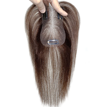 100% Real Human Hair Toppers with Bangs Silk Base 3Clip Pieces Brown Straight Human Topper Hairs for Women Hair Extension