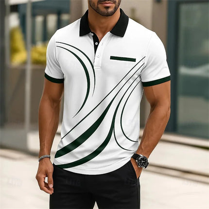 Business Men's Polo Shirt Casual Summer Short Sleeve Top Lines Pattern Printed Buttons Fashionable Golf Shirt