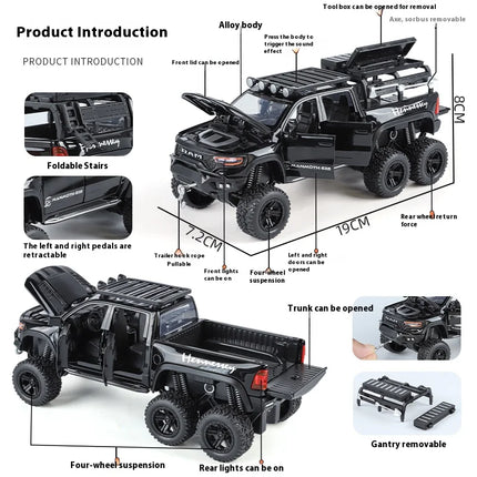 1:32 Dodge Tyrannosaurus Rex RAM 1500 TRX 6*6 Warlord Alloy Miniature Car Diecast Metal Scale Model Sound ＆ Light Kid Toy Car