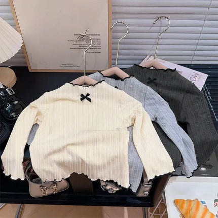 6M-8Y Girls' Long Sleeved T-shirt Children's Ruffled Edge Bow Knitted Tops 2025 Autumn New Versatile Base Shirt for Baby Girls