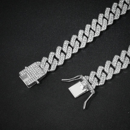 HipHop Men Women 13MM Prong Cuban Link Chain Bracelet Bling Iced Out 2 Row Rhinestone Paved Miami Rhombus Cuban Chain Jewelry