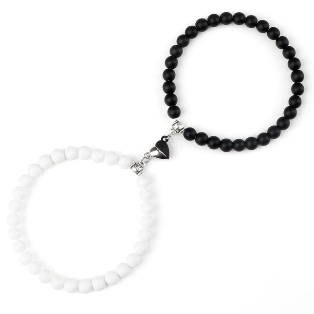 2Pcs/Set Sliver Black Color Magnet Pendant Bracelets 6MM 8MM White Porcelain Black Line Beads Couple Bracelet Jewelry Gift New