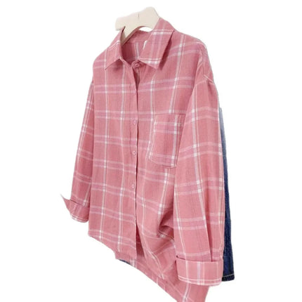 Retro Hong Kong Style Loose Long Sleeve Pink Plaid Shirt Women's Autumn Summer Lazy Slimming Casual Versatile Outerwear Top