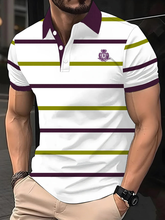 Luxury brand lettered short-sleeved shirt polo, fashionable striped summer breathable T-shirt, high-end Korean style men's cloth