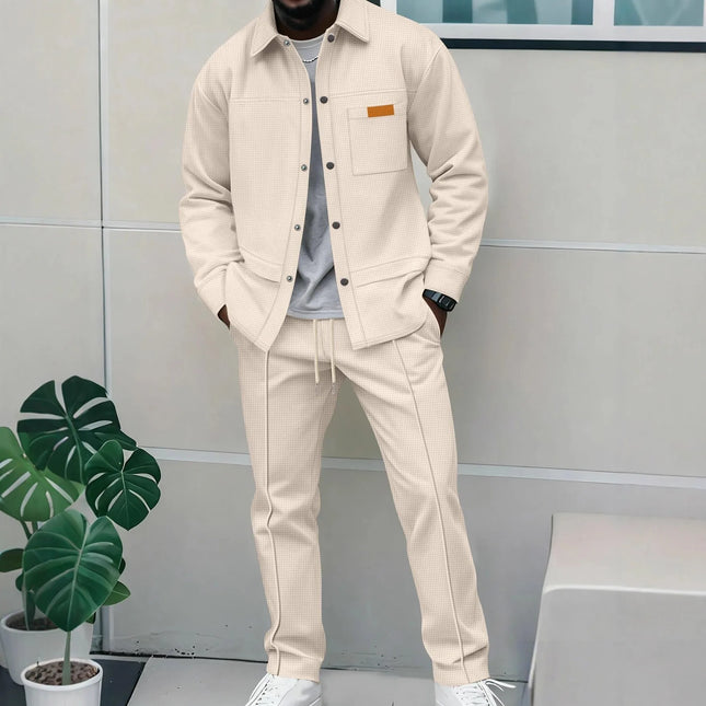 2025 Men's New Style Waffle Plain Color Collar Button-Down Pockets Long-Sleeved Pants Casual Jacket Set