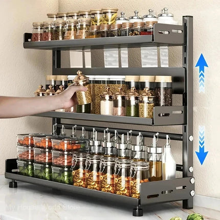 3 Tier Adjustable Metal Spice Rack Space Saving Countertop Organizer For Kitchen Seasoning Jars Condiment Bottle Storage
