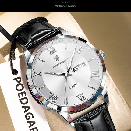 POEDAGAR Classic Luxury Men's Wristwatch Date Week Leather Business Man Watch Waterproof Luminous Fashion Quartz Watches For Men