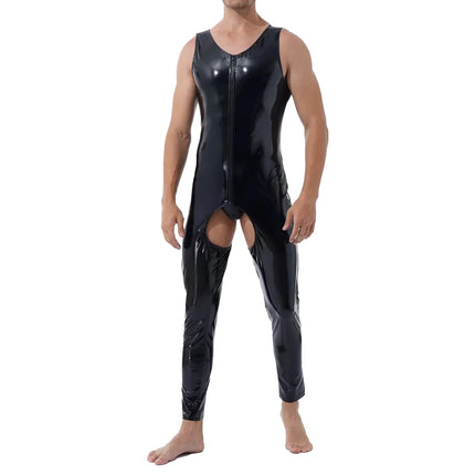 Mens Sleeveless Wet-Look PVC Catsuit Shiny PU Leather Crotchless Open Crotch Bodysuit Tights Sexy Cosplay Leotard Unitard Body
