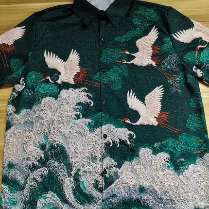 New dark green embossed dark pattern fabric with flying crane and wave printing for men's casual short sleeved shirt