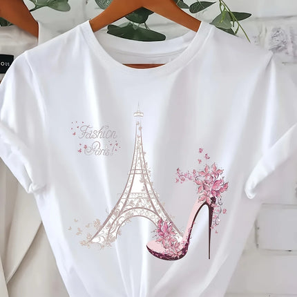 Vibrant Eiffel Tower Graphic Tee Casual Short Sleeve Crew Neck Top for Spring & Summer with Comfortable