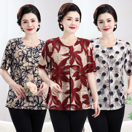 Floral Printed Summer Tops for Mature Women Beige-Toned Linen-Cotton Versatile Blouse Plus size Temperament Enlarged Loose Shirt