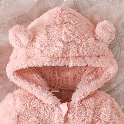 Pudcoco Baby Girls Winter Romper Solid Color Plush Hooded Long Sleeve Jumpsuits for Newborn Infant Toddler Fashion Clothes