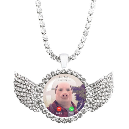 John Pork Is Calling Answer Call Phone Humor Funny Pig Graphic Glass Cabochon Angel Wings Pendant Necklace Jewelry Giftwholesale