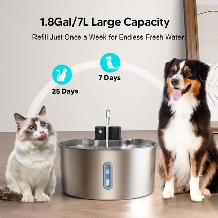 7L Cordless Cat Water Fountain Battery Powered Cordless Stainless Steel Pet Water Fountain Rechargeable Built-in Motion Sensor